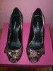Pantofi sexy cu botul decupat ,cu fundita si dantela pe negru si roz 40 RON
