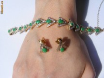 Set designer Bratara + Cercei aur14K ornate cu 7CT JAD + DIAMANTE foto