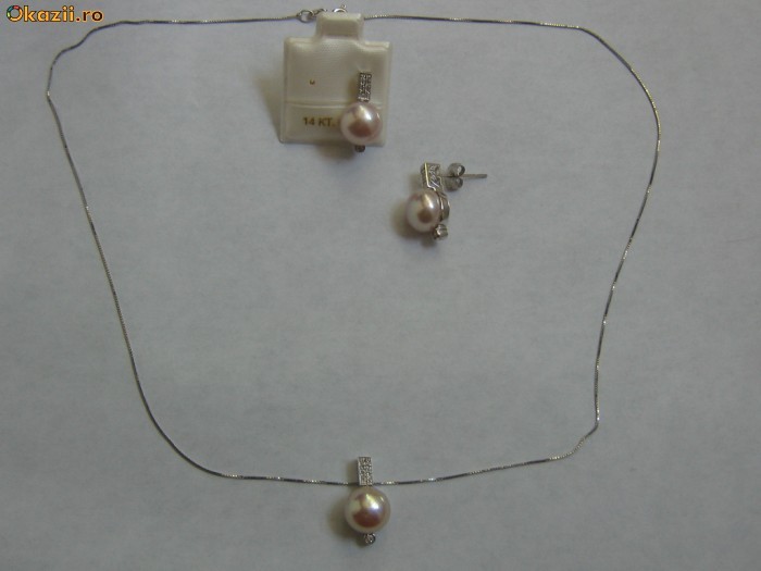 Lantisor,pandant,cercei /14 k aur alb,perle naturale si diamante foto mare