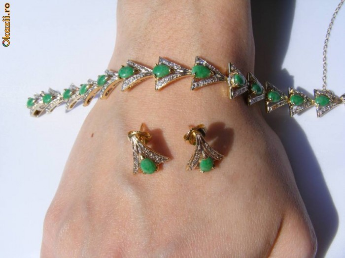 Set designer Bratara + Cercei aur14K ornate cu 7CT JAD + DIAMANTE foto mare