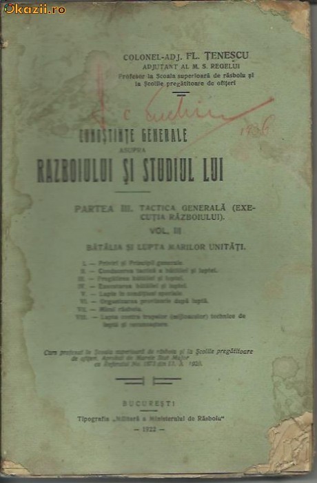 Fl. Tenescu - CUNOSTINTE GENERALE ASUPRA RAZBOIULUI SI STUDIUL  LUI foto mare