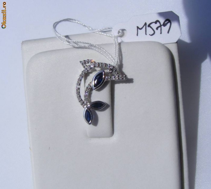 Pandant superb forma DELFIN din aur 14K cu SAFIRE si DIAMANTE foto mare