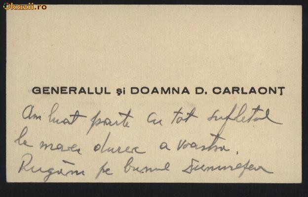 Carte de vizita cu condoleante din partea Fam. General Carlaont , adresate lui Camil Petrescu , scriitor si directorul Teatrului National foto mare