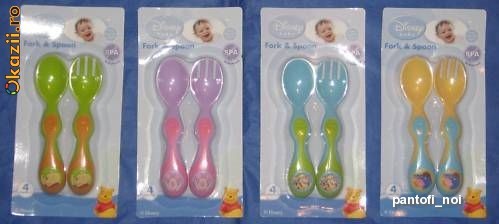 Set lingurita+furculita  hrana bebelusului, DISNEY WINNIE THE POOH,nou din UK!BPA free,varsta 4m+,dishwasher+microwave safe ROZ/VERDE/PORTOCALIE foto mare
