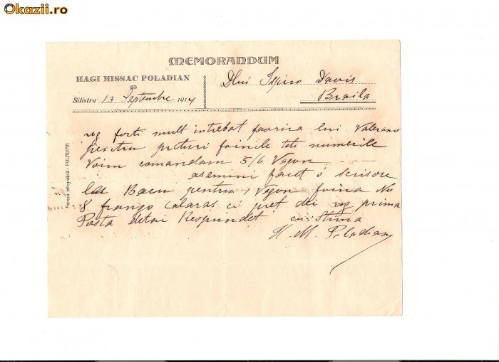 169 Document vechi-1914- Memorandum -Hagi Missac Poladian catre Spiru Davis(grec?),Braila -filigran foto mare