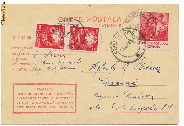 RFL 1953 ROMANIA carte postala pentru brigadieri folosita civil cu francatura rosie, comunista foto mare