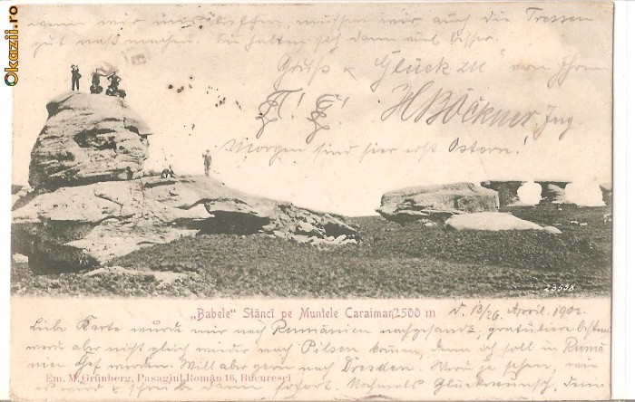 Muntii Bucegi-Babele, stanci pe Muntele Caraiman, circulata 1902 foto mare