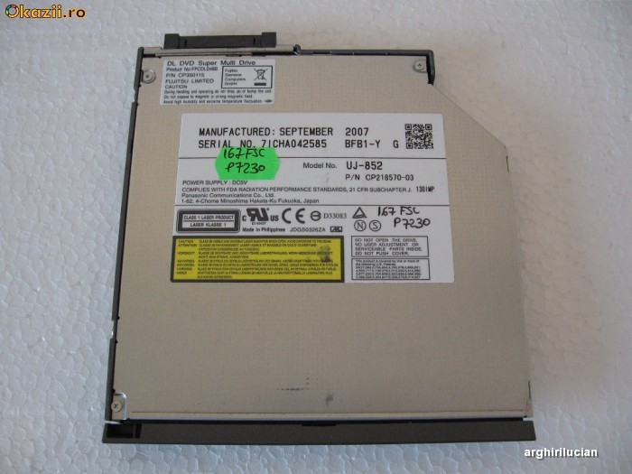 Unitate optica laptop DVD-RW IDE PATA UJ-852 CP218570-03 167 FSC P7230 foto mare
