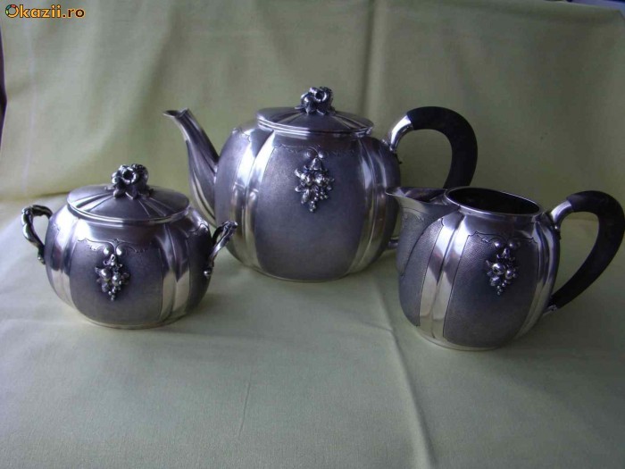 SUPERB Serviciu Cafea din ARGINT Masiv 800/1000 - 3 piese 1240 grame foto mare