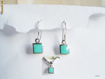 SET Cercei + Pandant NOI argint 925 patrat cu pietricica verde foto