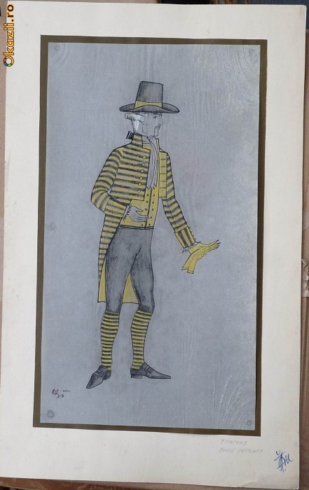 Tehnica mixta pe hartie cretata , costum de epoca , Boris Petroff foto mare