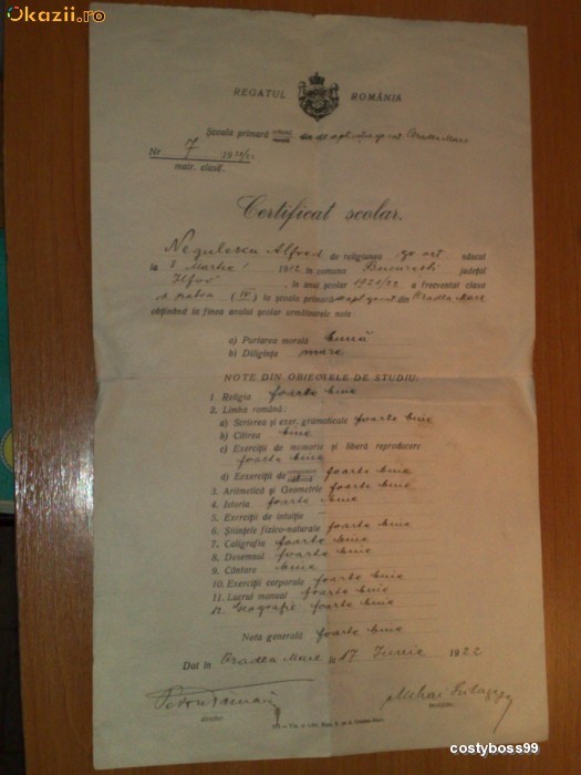 certificat scolar regatul romaniei 1912 foto mare