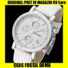 CEAS FOSSIL ES2202 CU GARANTIE, DAMA, ALB CRONOGRAF, OTEL INOX, BRATARA PIELE,WR 50m, NOU PE STOC IN CUTIE METAL CADOU, ORIGINAL,FIRMA, COMANDA ONLINE